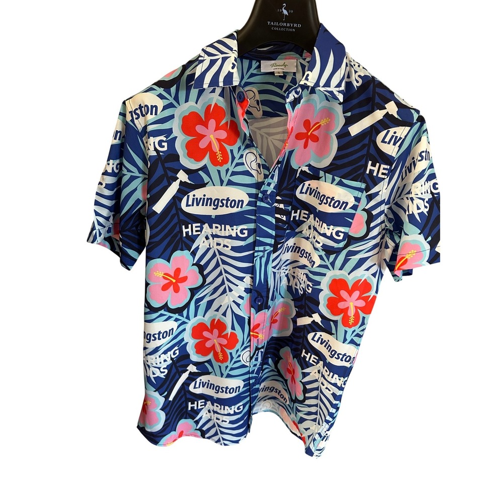 Roody Livingston Hearing Aids Tropical Hibiscus Floral Shirt Blue Mens Small